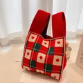 Red knitted tote bag with cute heart jacquard and checkered pattern for women - Red Heart