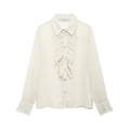 Elegante witte blouse met lange mouwen, ruches, verticale strepen en knopen aan de voorzijde - XS / Ivoor