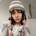 Handmade striped cat ear beanie in white and khaki with pink crochet star pendants - Adult 56-59cm / White Brown Patchwork (Round Top)