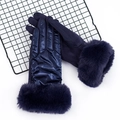 Navy blue winter gloves for women with faux fur cuffs and touchscreen compatible fingers - One Size / Blue