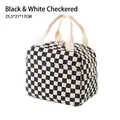 Insulated black and white grid corduroy lunch bag with cream handles, 25.5x21x17cm - Black White Grid