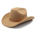 Classic khaki western cowboy hat with a brown leather band and metal ventilation eyelets - M (56-58cm) / Camel