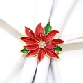 Elegant red poinsettia napkin ring with gold edges and crystal center on white cloth - Red Poinsettia Style 130