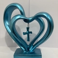 Moderno ornamento da scrivania a cuori blu intrecciati con ciondolo a croce centrale - Blu