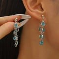 Blue tassel earrings with round azure gemstones and silver chain in a multi-layered design - Silver Blue Gemstone Long Tassel Style (KWG-0339)