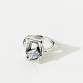 Macro shot of 925 silver ring featuring a rectangle zircon and S925 engraved stamp - Adjustable Open / 925 Sterling Silver + White Zirconia / Molten Irregular Style (J1633)