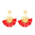 Bohemian fan-shaped tassel earrings in gold and red finish with vintage sunburst design - Red
