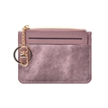 Slim mauve leather card holder with gold zipper, dual card slots and keychain ring - Lotus Pink