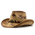 Elegante cappello da cowboy in paglia intrecciata con fascia etnica e pietra preziosa - Cachi Caffè