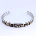 Viking Mjolnir open cuff bracelet with runes and Celtic knot in silver and gold steel - Two-tone Gold (AB0403)