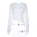 Close-up of white long sleeve lace top featuring ripple texture and irregular hemline - S / Off White