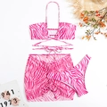 Flat lay of pink zebra stripe bikini set with matching drawstring sarong and summer props - S / Pink
