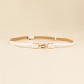 Minimalist slim white leather belt for women with elegant golden metal buckle closure - Interlocking Buckle (19248) / White