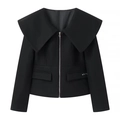 Women's black short wool jacket with a wide lapel collar and zip-up slim fit design - S / Black