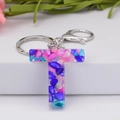 Resin key ring letter T with colorful crushed stones and silver metal clasp - Letter T