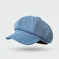 Classic light blue denim cotton newsboy cap with vintage octagonal design and white stitching - One Size / Washed Denim Octagonal Hat-Light Blue