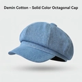 Classic light blue denim cotton newsboy cap with vintage octagonal design and white stitching - One Size / Washed Denim Octagonal Hat-Light Blue