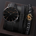 Detail of men's watch set featuring black leather straps and a golden lion head bead bracelet - Lion Head Braided Black Set (Watch And Bracelets)