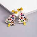 Detailed close-up of Christmas tree earrings with colorful rhinestones and yellow bows - Christmas Tree With White Bow & Colorful Rhinestones