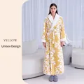 Accappatoio spesso in pile jacquard giallo limone con motivo floreale bianco e colletto - M / Stile Donna / Giallo Limone