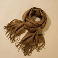 Classic camel faux cashmere scarf with elegant fringe trim and authentic fabric label - Caramel