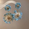 Detail of blue woven layered flower earrings with golden centers and radiating lines - 12# Blue Silver Needle Double Layer 3D Flower Studs