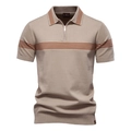 Détail macro d'un polo en maille kaki avec rayures orange et col zippé élégant - S / Khaki