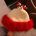 Winter knitted white reindeer hat with red faux fur brim and cute cartoon eyes - M (56-58cm) / 3443-Big Eyes Style / Beige