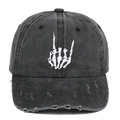 Casquette de baseball en coton noir délavé avec broderie squelette et détails usés - Noir / Réglable