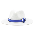 Classic white straw fedora sun hat with striped ribbon band for beach and outdoor use - M (56-58cm) / White