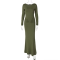 Detail of waist pleats and knitted texture on army green long-sleeved slim maxi dress - S / Green