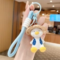 Resin cartoon duck keychain with straw hat, blue polka dot vest and braided strap - Resin Straw Hat Duck-Blue