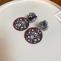 Detailed close-up of floral oil painting style round earring with colorful 3D resin flower - 8# Dark Brown Painted Floral Acrylic Round Earrings (Silver Earring Post)