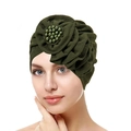 Detail of olive green turban hat featuring pleated fabric and handcrafted beaded 3D flower - Army Green