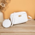 White quilted crossbody camera bag with matching round coin purse and gold hardware - White