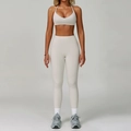 Women's backless halter yoga set in cream white with high-waist seamless leggings - S / Bra Style 2 + Leggings / Beige