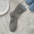 Grey and blue mid-calf knitted cotton socks featuring cute heart bow embroidery - Dark Gray