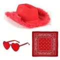 Set cappello da cowgirl rosa con piume, occhiali da sole a cuore e bandana paisley - Set 3 Pezzi Filo d'Argento Piume Rosse