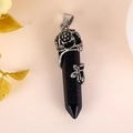 Blue sand stone hexagonal pendant with vintage silver flower wrap necklace - Blue Goldstone