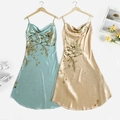 Florales Satin-Schlafkleid mit Wasserfall-Ausschnitt in Hellblau und Champagner-Seide - S / Hellgrüne Kirsche + Champagner Kirsche (2er-Set)