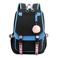 Zaino nero capiente con bordi blu, cinghie rosa e ciondolo portachiavi in peluche morbido - Blu Reale