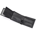 Detailed internal view of tri-fold leather wallet with card slots and coin pocket - Black Plain Grain with Snap Coin Pocket