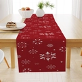 Runner da tavola natalizio rosso con fiocchi di neve bianchi su tavolo da pranzo in legno - Fiocco di Neve Rosso (ZQ26-22)
