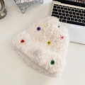 Cream plush bucket hat for women featuring colorful buttons and soft warm texture - White Button Hat