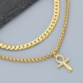 Close-up of golden double layer necklace with Ankh cross pendant and Cuban chain links - Gold (KN283144-KFC)