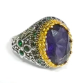 Vintage men's silver ring with oval purple gemstone and green side stone accents - US 7 / Purple (TJZ22021)