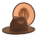 Detailed view of the wide-brim fedora with dark brown exterior and khaki lining - M (56-58cm) / Coffee and Camel