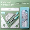 Blue 7-piece geometry tool set with compass and ruler in metal storage case - Iron Box With Window Blue Set