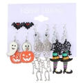 Halloween earring set with black bat, orange pumpkin, and ghost charms on card - Style 10 Silver Witch Pumpkin Set 8039