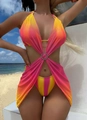 Detail eines Bikini-Sets mit Farbverlauf und Strassring am passenden Mesh-Strandrock - Rosa Gelb Verlauf